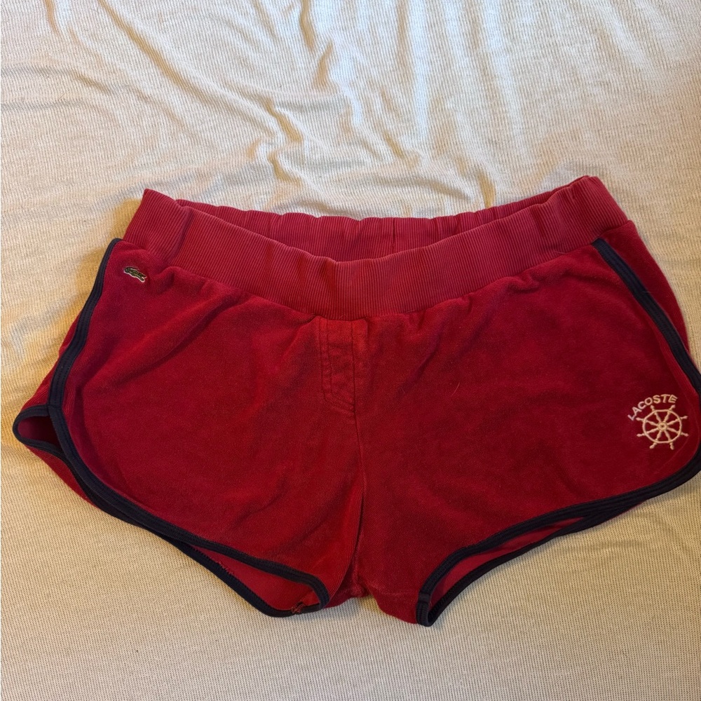 VINTAGE Lacoste Women's Athletic Red Shorts RED TERRYCLOTH w BLUE PIPING
